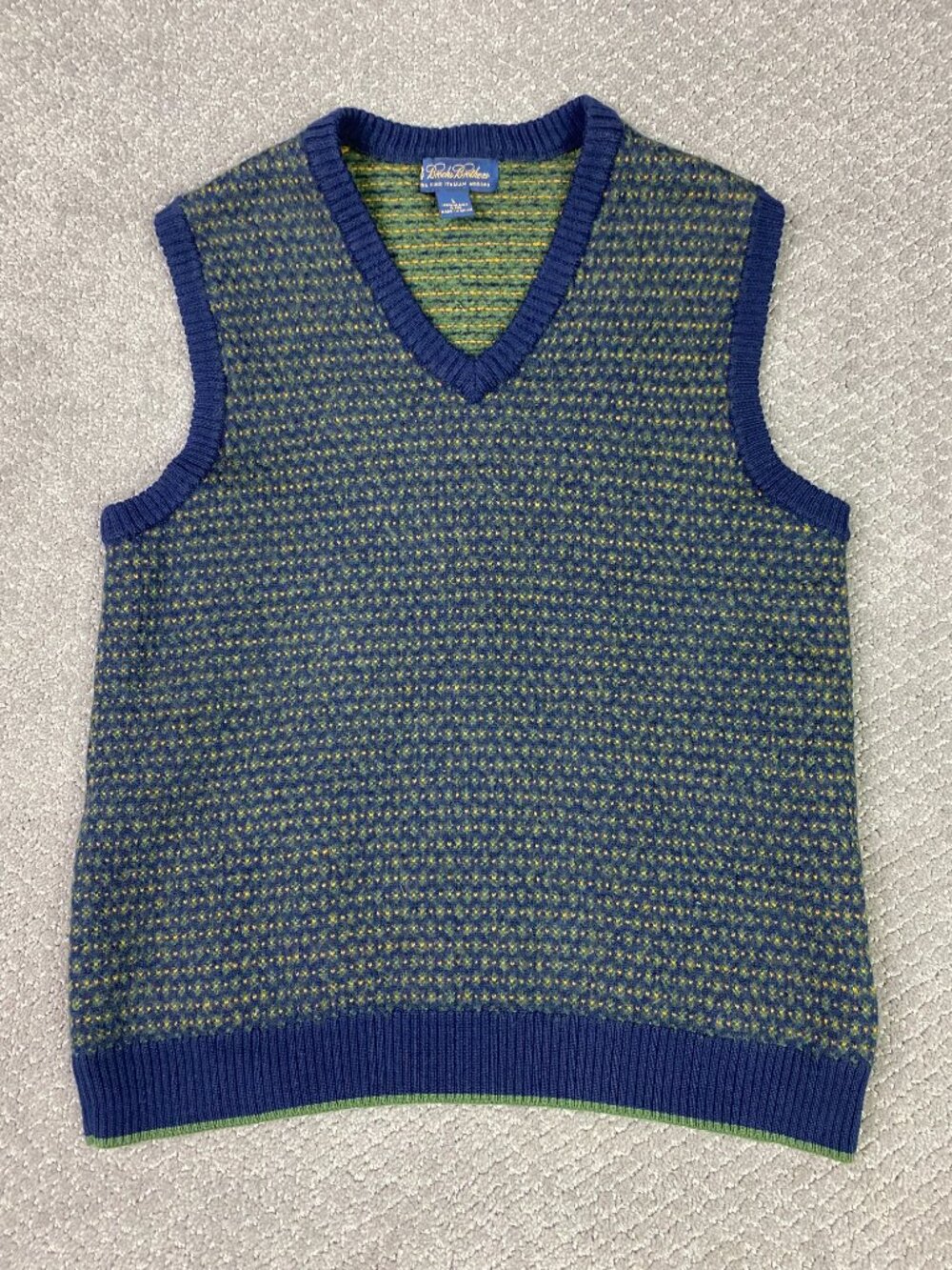 Brooks Brothers Merino Wool Fair Isle Vest Mens Large Fits Medium Blue Green